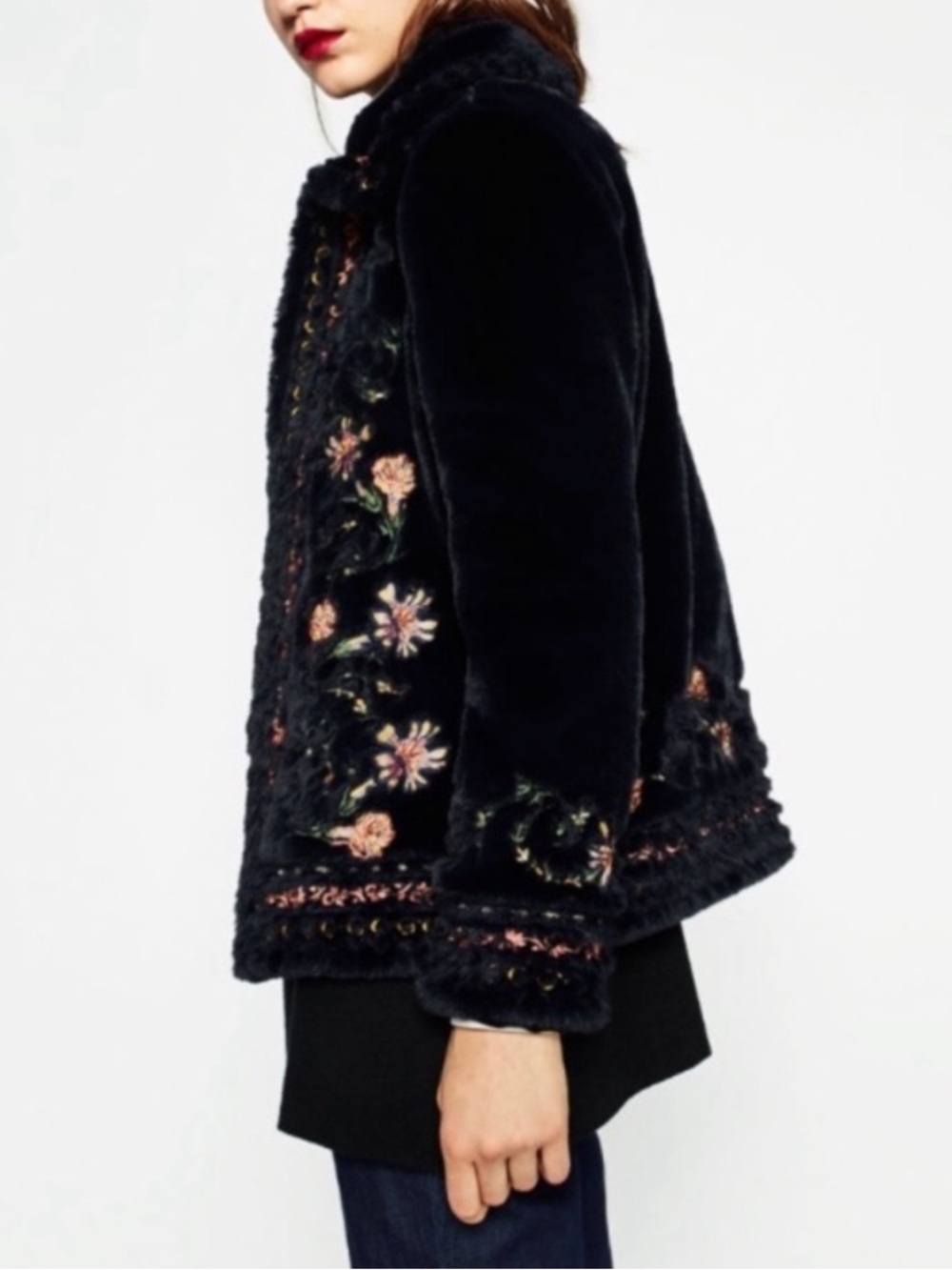 Zara Midnight Navy Embroidered Floral Plush Coat Boho Folk Romantic Faux Fur - Picture 3 of 14